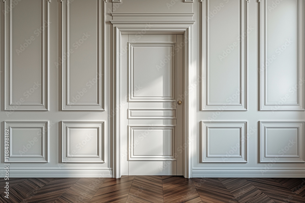 Empty room with white classic walls, white door and parquet floor Empty room with white classic walls, white door and parquet floor