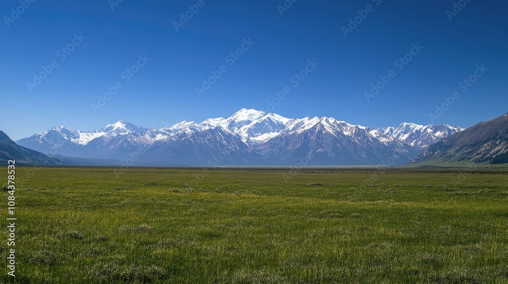 Fototapeta premium Here's a possible response following your specifications.. Panoramic view of a vast green meadow with a snow-capped mountain range under a clear blue sky.