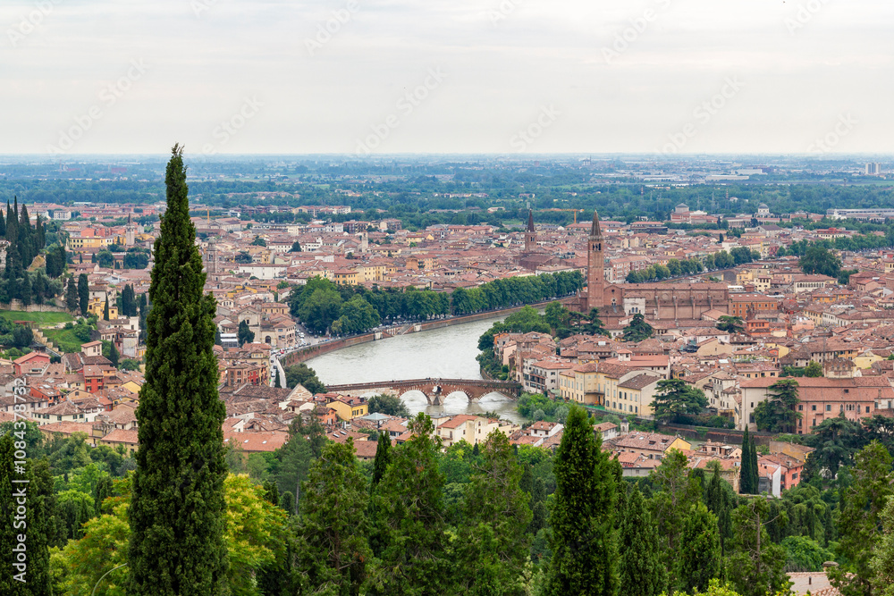 a beautiful, stunning unique panoramic view from the top of the Santuario della Madonna di Lourdes church at a steep hill in Verona, italy a beautiful, stunning unique panoramic view from the top of the Santuario della Madonna di Lourdes church at a steep hill in Verona, italy