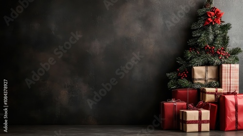 A traditional Christmas scene with a charming evergreen tree adorned with red accents and surrounded by beautifully wrapped festive red gifts, exuding holiday warmth. photo