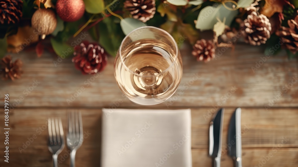 An artfully arranged table set with a prominent wine glass, surrounded by pine cones and autumnal decorations, evoking feelings of warmth and festivity. An artfully arranged table set with a prominent wine glass, surrounded by pine cones and autumnal decorations, evoking feelings of warmth and festivity.