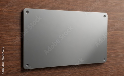 Blank metal plaque on wooden wall ready for engraving or signage in a stylish interior environment photo