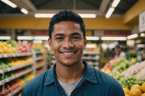 Close portrait of a smiling young Marshallese male grocer standing and looking at the camera, Marshallese grocery store blurred background