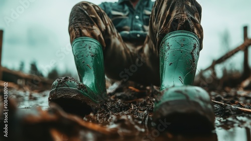 An individual wearing green boots sits on marshy ground after a fulfilling day, amalgamating the essence of exhaustion and satisfaction in rugged terrain settings. photo