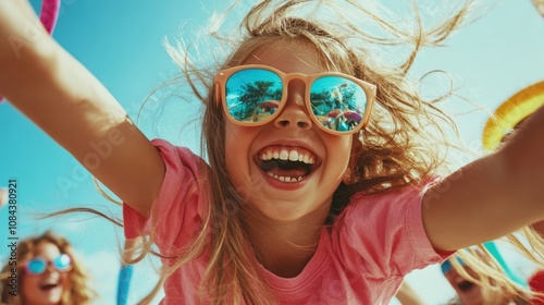 An enthusiastic girl in a pink shirt grins broadly, wearing reflective sunglasses that mirror the clear blue sky, capturing a moment of sheer joy and youthful energy. photo