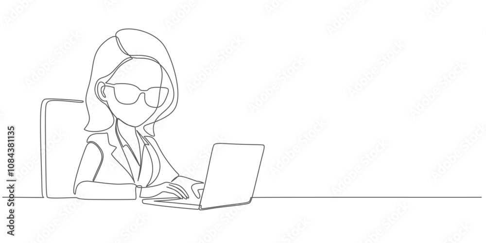 Woman using laptop computer line art style vector illustration, Vector drawing of woman with laptop continuous line art Woman using laptop computer line art style vector illustration, Vector drawing of woman with laptop continuous line art