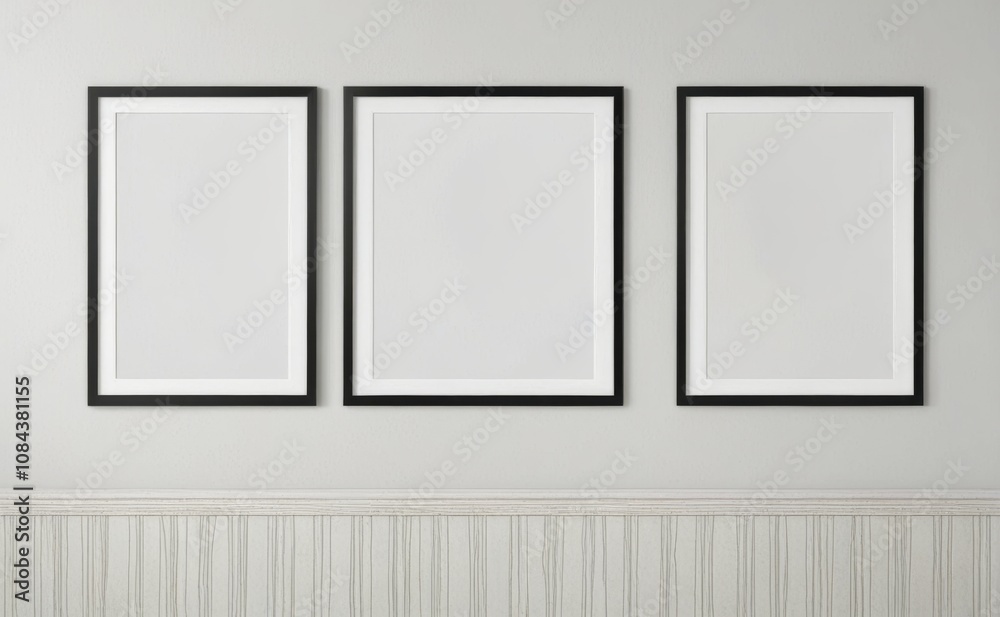 Three empty frames hung on a pale green wall above a white wooden wainscoting in a minimalistic interior design setting Three empty frames hung on a pale green wall above a white wooden wainscoting in a minimalistic interior design setting