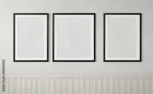 Three empty frames hung on a pale green wall above a white wooden wainscoting in a minimalistic interior design setting