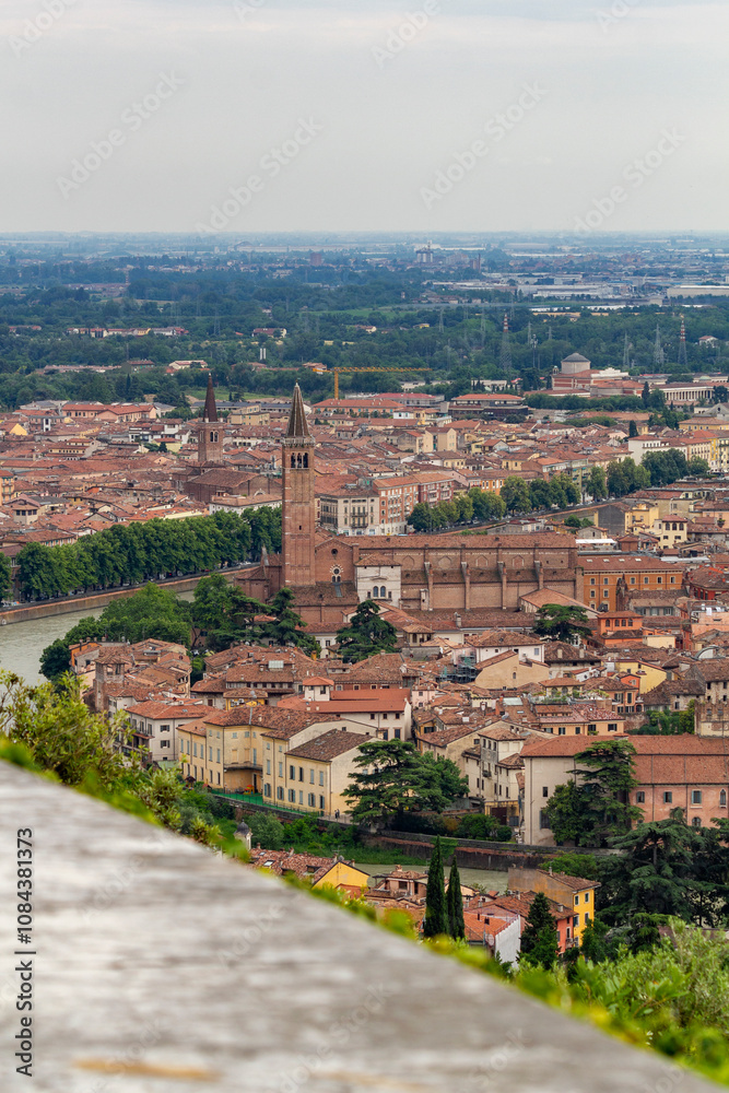 Obraz premium a beautiful, stunning unique panoramic view from the top of the Santuario della Madonna di Lourdes church at a steep hill in Verona, italy