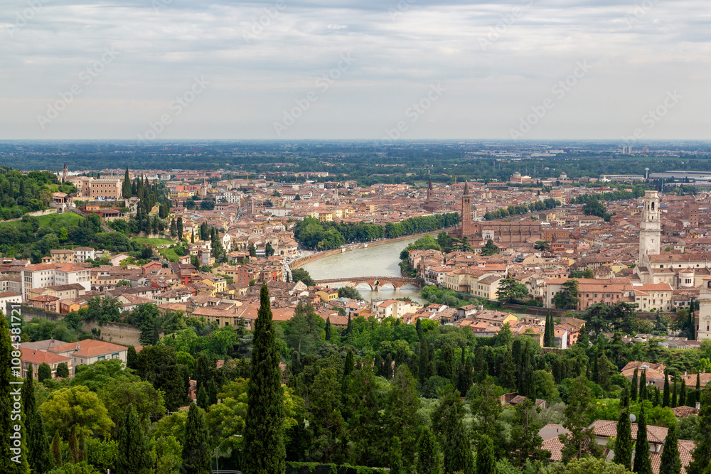 Obraz premium a beautiful, stunning unique panoramic view from the top of the Santuario della Madonna di Lourdes church at a steep hill in Verona, italy