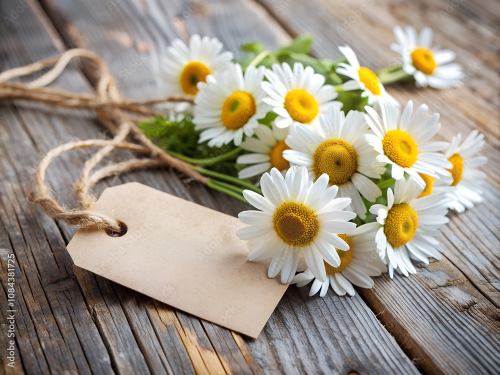 Fototapeta premium A bouquet of fresh chamomile flowers with a blank paper tag tied with twine, placed on a rustic wooden surface, conveying a natural, handmade feel.