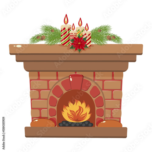 Brick Fireplace with Burning Fire and Decorative Christmas Candles on Mantel. Vector Illustration for Winter Holiday Design.