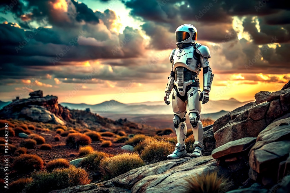 A Futuristic Robot Navigating a Rugged Terrain in Search of Hidden Secrets on an Enigmatic Mission Amidst an Expansive Landscape of Wonder and Discovery A Futuristic Robot Navigating a Rugged Terrain in Search of Hidden Secrets on an Enigmatic Mission Amidst an Expansive Landscape of Wonder and Discovery