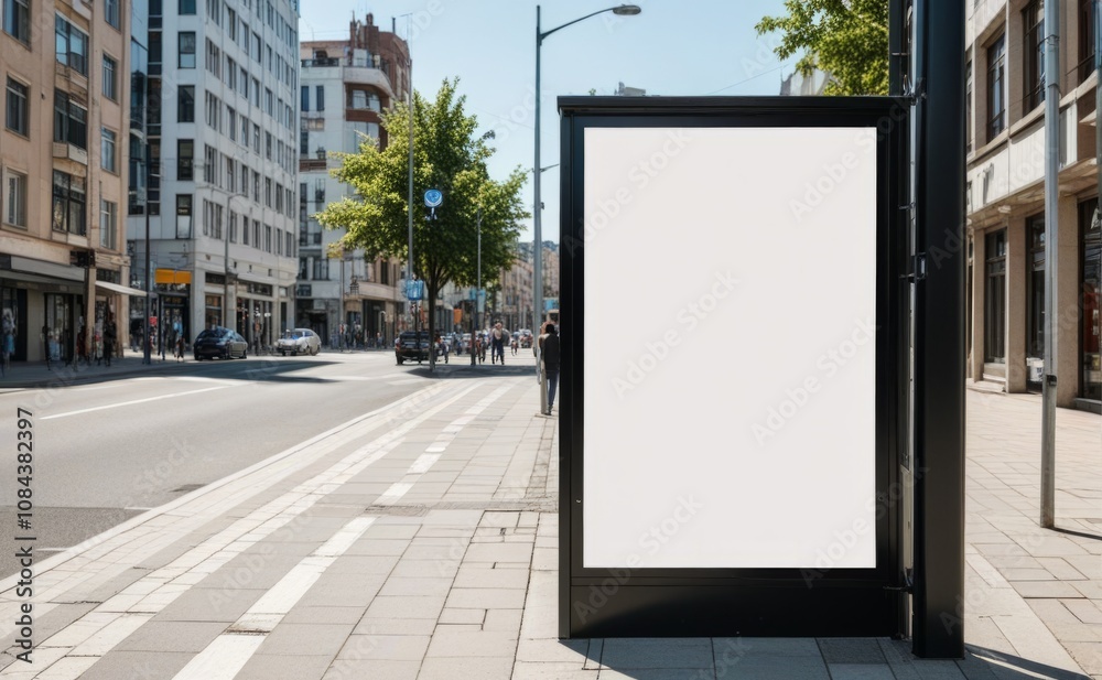 Blank advertising board in urban setting along busy street with people walking on sunny day Blank advertising board in urban setting along busy street with people walking on sunny day