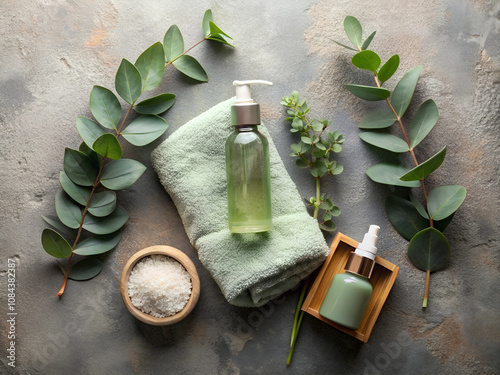 A flat-lay composition of natural cosmetic products, including bottles, eucalyptus leaves, and a towel, set on a neutral textured background. photo