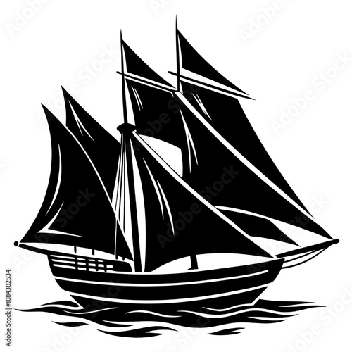 Majestic Schooner: A timeless black and white illustration of a schooner sailing majestically on the open sea.  The intricate details and bold silhouette evoke a sense of adventure and exploration. 