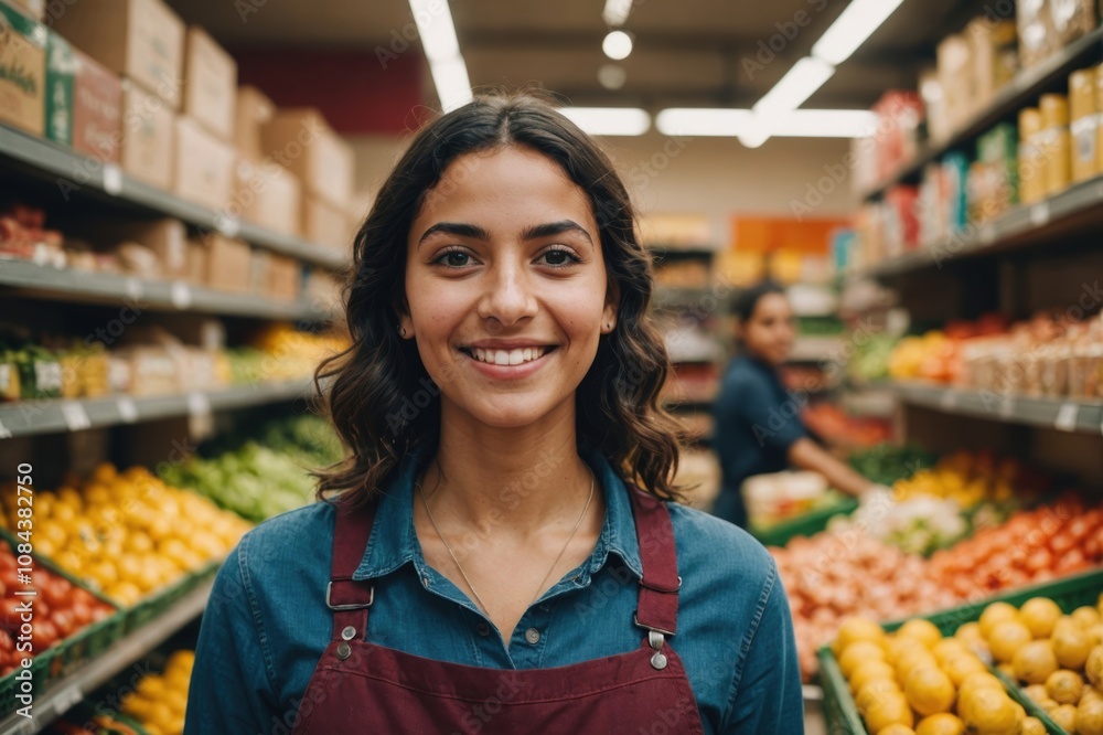 Close portrait of a smiling young Moroccan female grocer standing and looking at the camera, Moroccan grocery store blurred background Close portrait of a smiling young Moroccan female grocer standing and looking at the camera, Moroccan grocery store blurred background