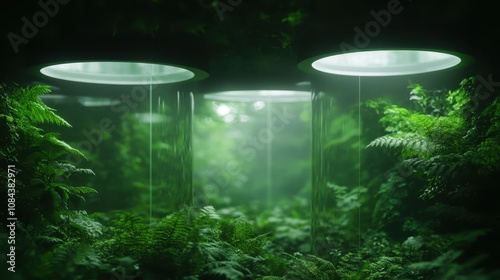 Elegant circular light installations illuminate a surreal forest filled with lush ferns, exuding a sense of mystery and ethereal beauty in a futuristic design. photo