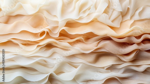 Wavy layers of fabric in a soft beige palette create an elegant, flowing pattern that captures the essence of texture and fluidity in a classic style. photo