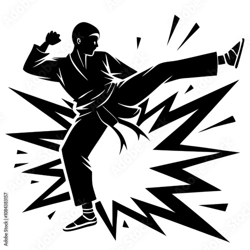 Martial Arts Power: A powerful silhouette of a karateka delivering a dynamic kick, surrounded by explosive energy lines, symbolizing the strength and speed of martial arts.  