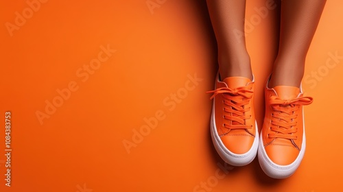 Top view of orange sneakers centered on a vivid orange floor with matching laces, symbolizing vibrant modern fashion and seamless color coordination. photo