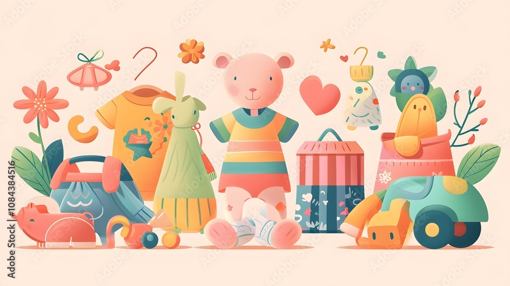 Obraz premium Sweet Baby Clothes and Toys for Newborns in Cute Art