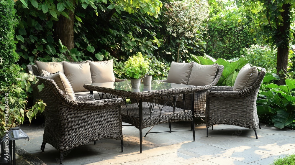 Modern Patio with Glass Top Table and Upholstered Seating Modern Patio with Glass Top Table and Upholstered Seating