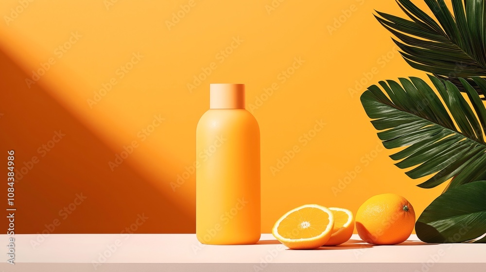 Orange bottle on a surface beside sliced and whole oranges with green leaves against a vibrant orange background Orange bottle on a surface beside sliced and whole oranges with green leaves against a vibrant orange background