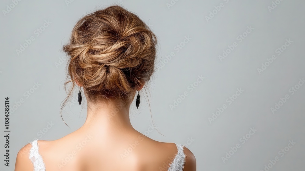A stylish and sophisticated updo features a beautiful braid intertwined with soft waves, perfect for formal occasions and weddings, showcasing elegance and grace.