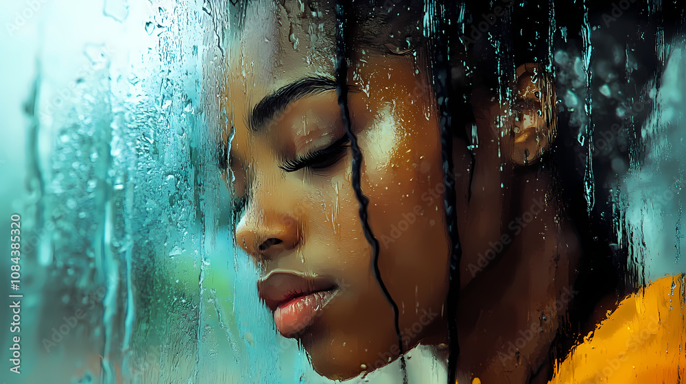 Emotional downpour sad african american woman gazing through rainstreaked window melancholy mood digital painting. Melancholy. Illustration Emotional downpour sad african american woman gazing through rainstreaked window melancholy mood digital painting. Melancholy. Illustration