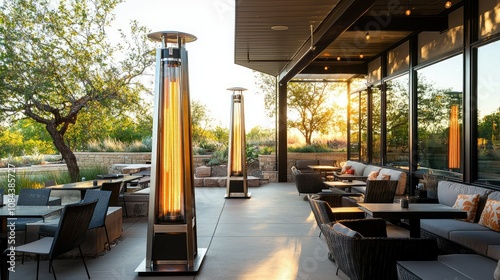 Modern Outdoor Patio with Tall Heaters at Sunset