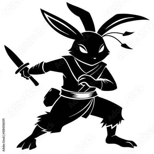 Shadow Warrior Rabbit:  A fierce and agile rabbit warrior stands ready for battle, silhouetted against a dark background, wielding a dagger in a menacing pose.