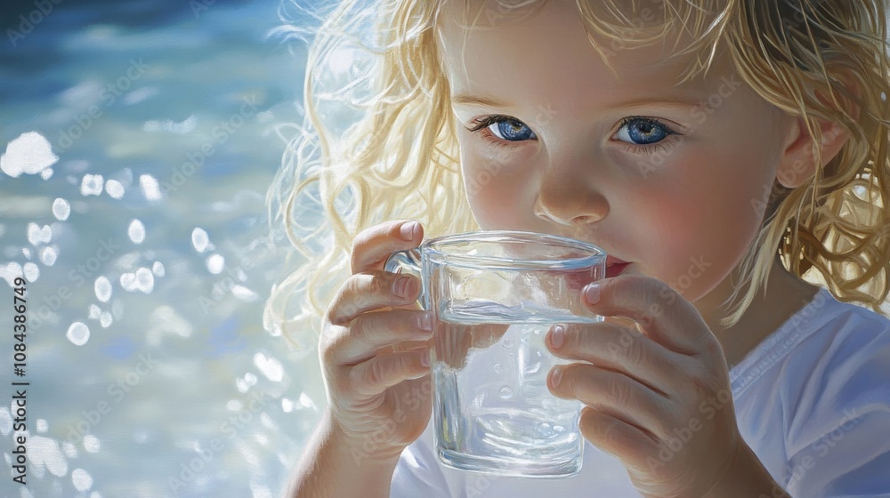 Young child with curly hair enjoying a glass of water on a sunny day by the water’s edge with sparkling reflections in the background Young child with curly hair enjoying a glass of water on a sunny day by the water’s edge with sparkling reflections in the background