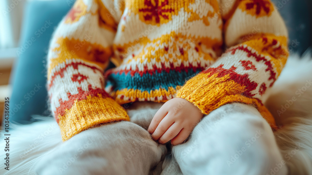 A colorful, patterned wool sweater with cute winter motifs, paired with soft fleece pants, creating a playful and warm winter outfit for kids. A colorful, patterned wool sweater with cute winter motifs, paired with soft fleece pants, creating a playful and warm winter outfit for kids.