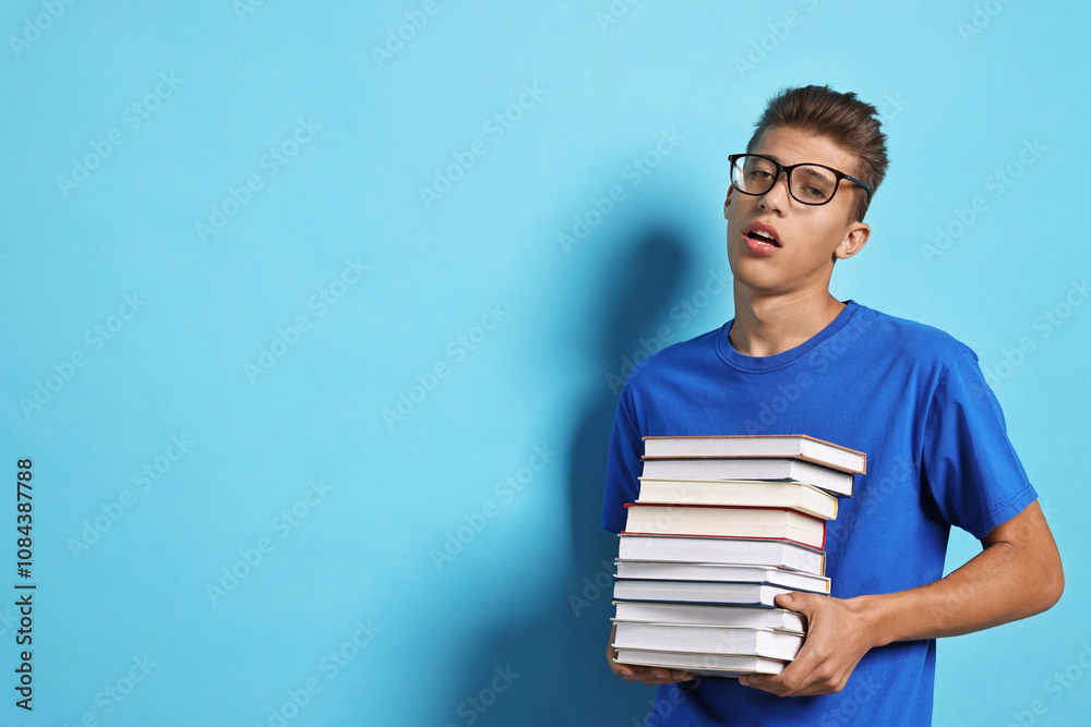 Tired student with stack of books having stress before exam on light blue background. Space for text Tired student with stack of books having stress before exam on light blue background. Space for text