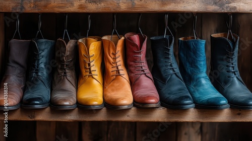 A vibrant collection of leather shoes in different colors is beautifully displayed on a wooden rack, enhanced by natural sunlight, offering a lively atmosphere. photo