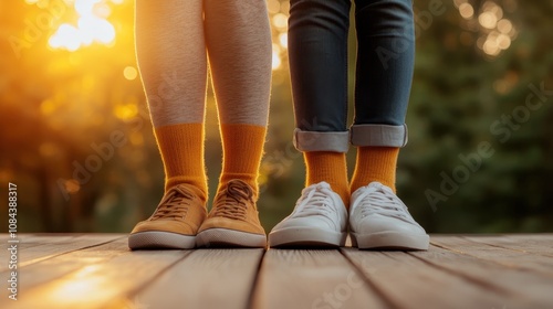 A picturesque view of two pairs of casual shoes placed on a sunlit wooden deck, complemented by yellow socks, creating a perfect setting for a sunny day. photo