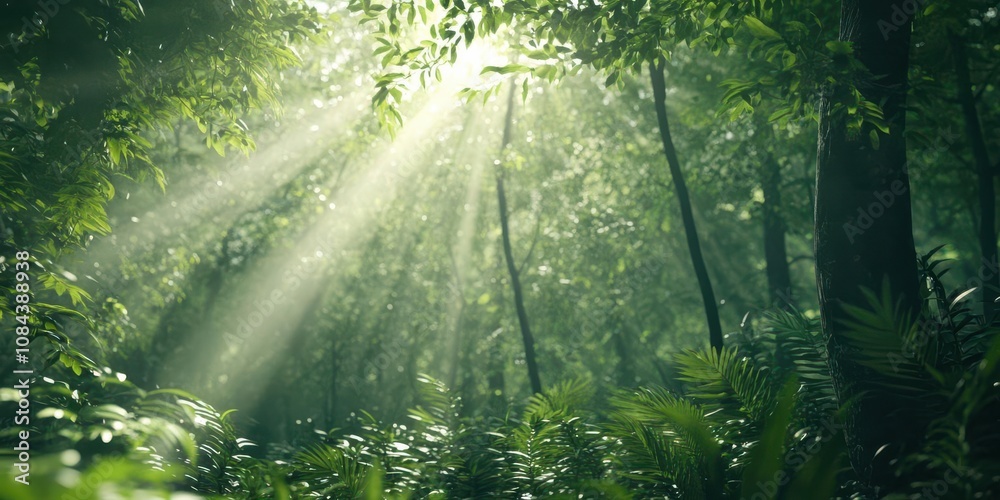 Obraz premium Sunlight filters through lush green trees in a serene forest setting.