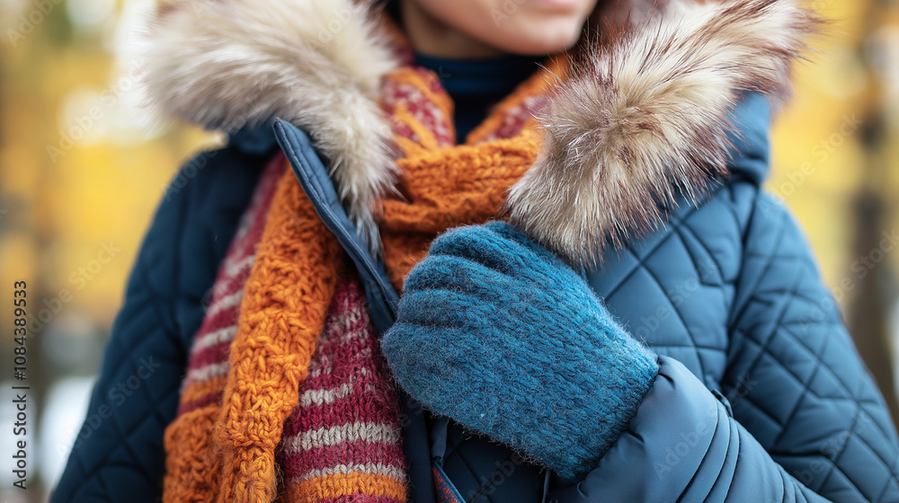 A cozy quilted parka with a faux fur-trimmed hood, paired with knit mittens and a bright scarf, perfect for outdoor winter adventures. A cozy quilted parka with a faux fur-trimmed hood, paired with knit mittens and a bright scarf, perfect for outdoor winter adventures.