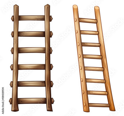 Set of Wooden Ladders Illustrating Versatile Designs Suitable for Home, Garden, or Construction Use with Unique Features for Various Applications