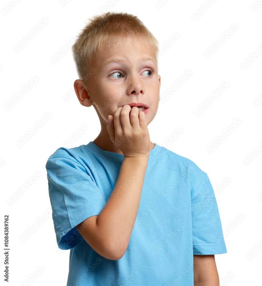 Portrait of scared little boy on white background Portrait of scared little boy on white background