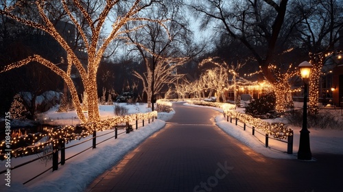 Snowy park path illuminated by decorative string lights on trees during winter evening, creating a festive and tranquil atmosphere.