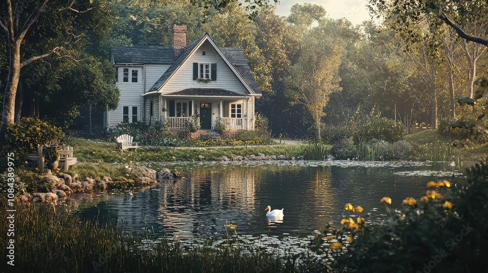 Fototapeta premium Charming Farmhouse by a Serene Pond with Ducks