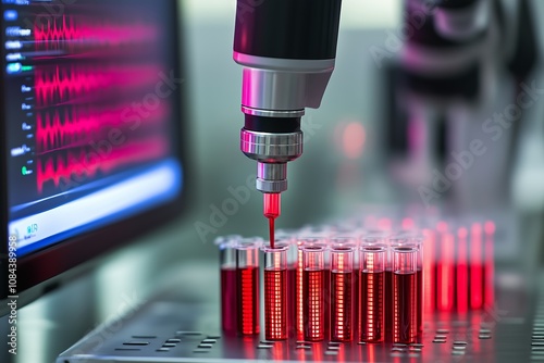 A high-tech pathology lab scene featuring an automated robotic arm dispensing red liquid into multiple test tubes. photo