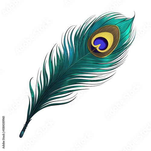 Vibrant Peacock Feather Illustration with Rich Colors and Intricate Pattern, Perfect for Nature-Inspired Art Projects and Designs