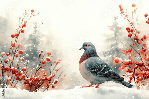 minimal watercolor illustration of a pigeon set against a serene winter landscape, embodying tranquility and simplicity in a soft color palette photo