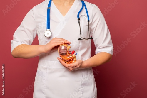 woman is holding anatomical model stomach in the hands. Help and care concept photo