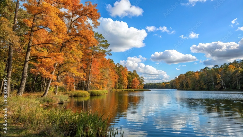 Obraz premium A serene lake surrounded by tall trees with vibrant orange and yellow leaves, autumn, lake, landscape, foliage, autumn colors