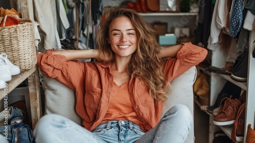 A relaxed woman with long brown hair smiles as she leans back comfortably in a casual, cozy setting filled with various personal belongings and casual attire. photo