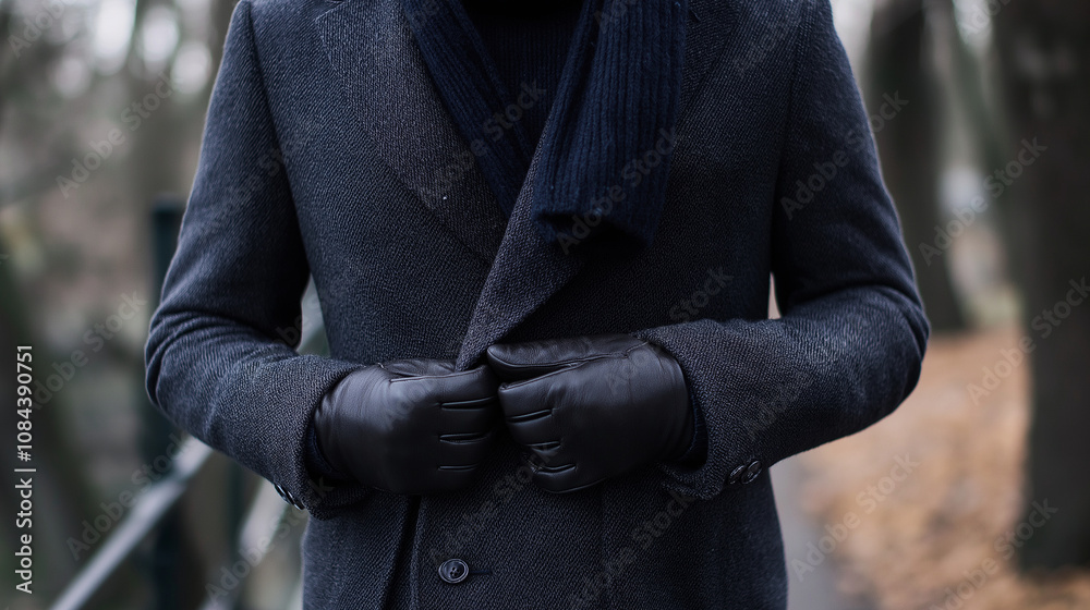 A dark grey wool overcoat paired with a navy knit turtleneck, styled with a cashmere scarf and leather gloves, creating a sophisticated winter outfit for men. A dark grey wool overcoat paired with a navy knit turtleneck, styled with a cashmere scarf and leather gloves, creating a sophisticated winter outfit for men.